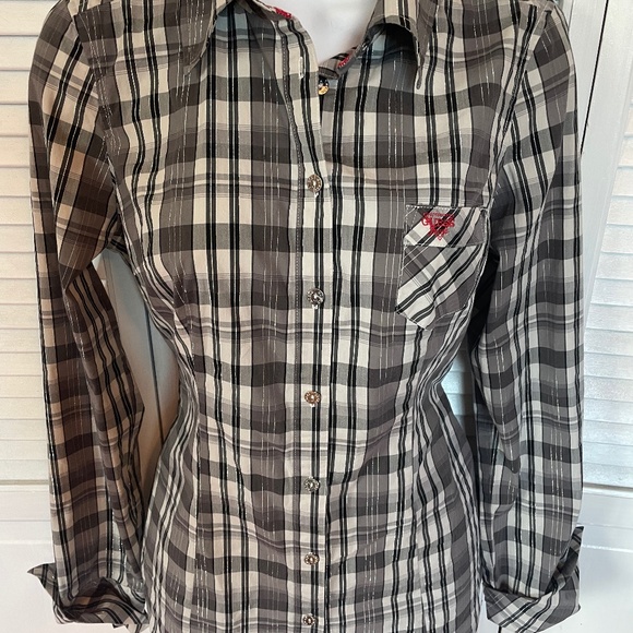 Guess Black Gray Plaid Long Sleeve Shirt Size Medium - Picture 9 of 11